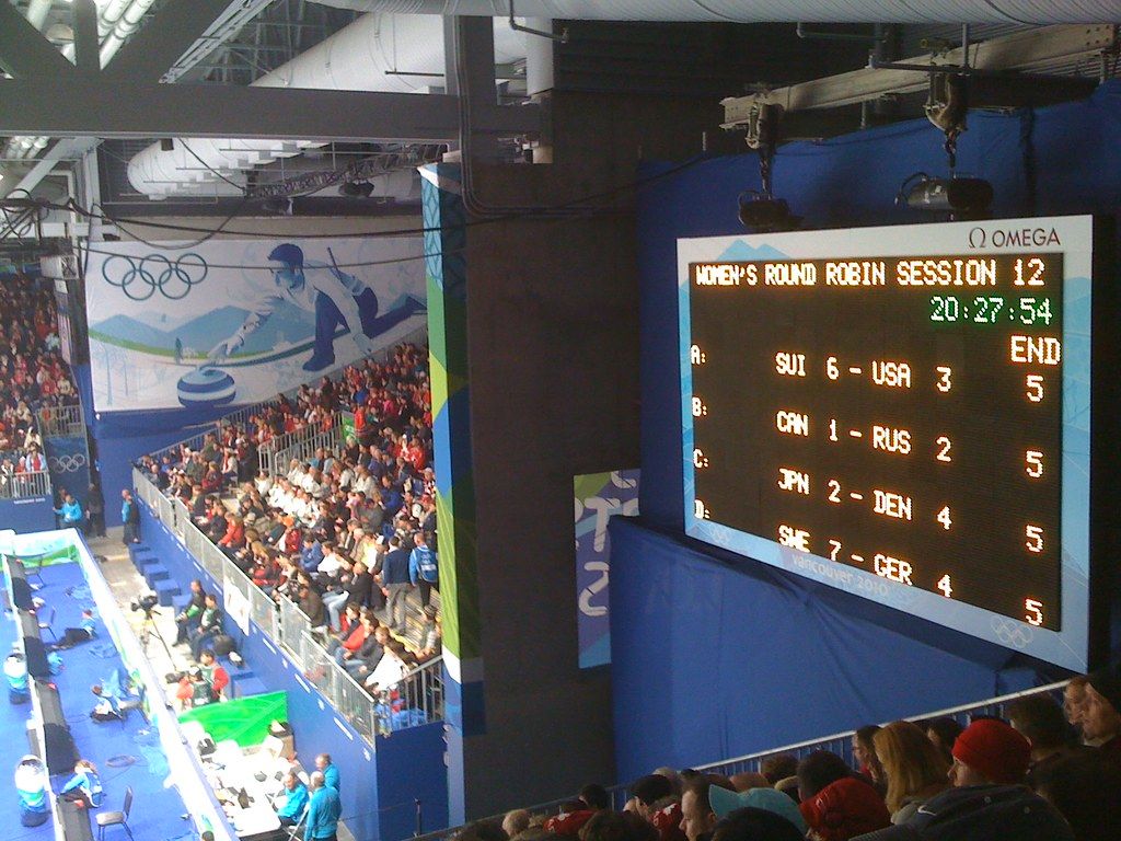 Scoreboard above the stands at a tennis stadium