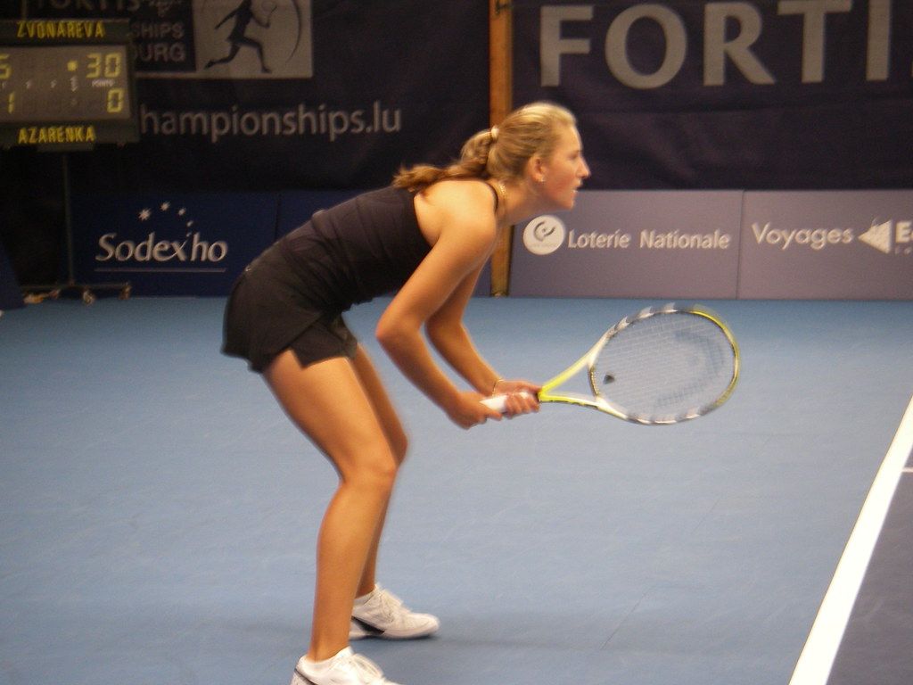 A player waits to return serve at the indoor tournament in Kockelscheuer